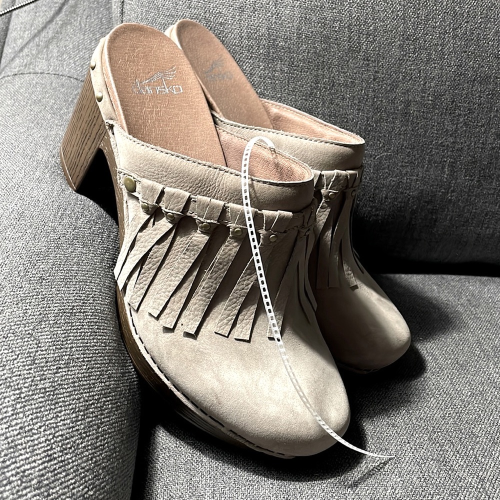 Dansko Deni taupe nubuck leather mule clogs